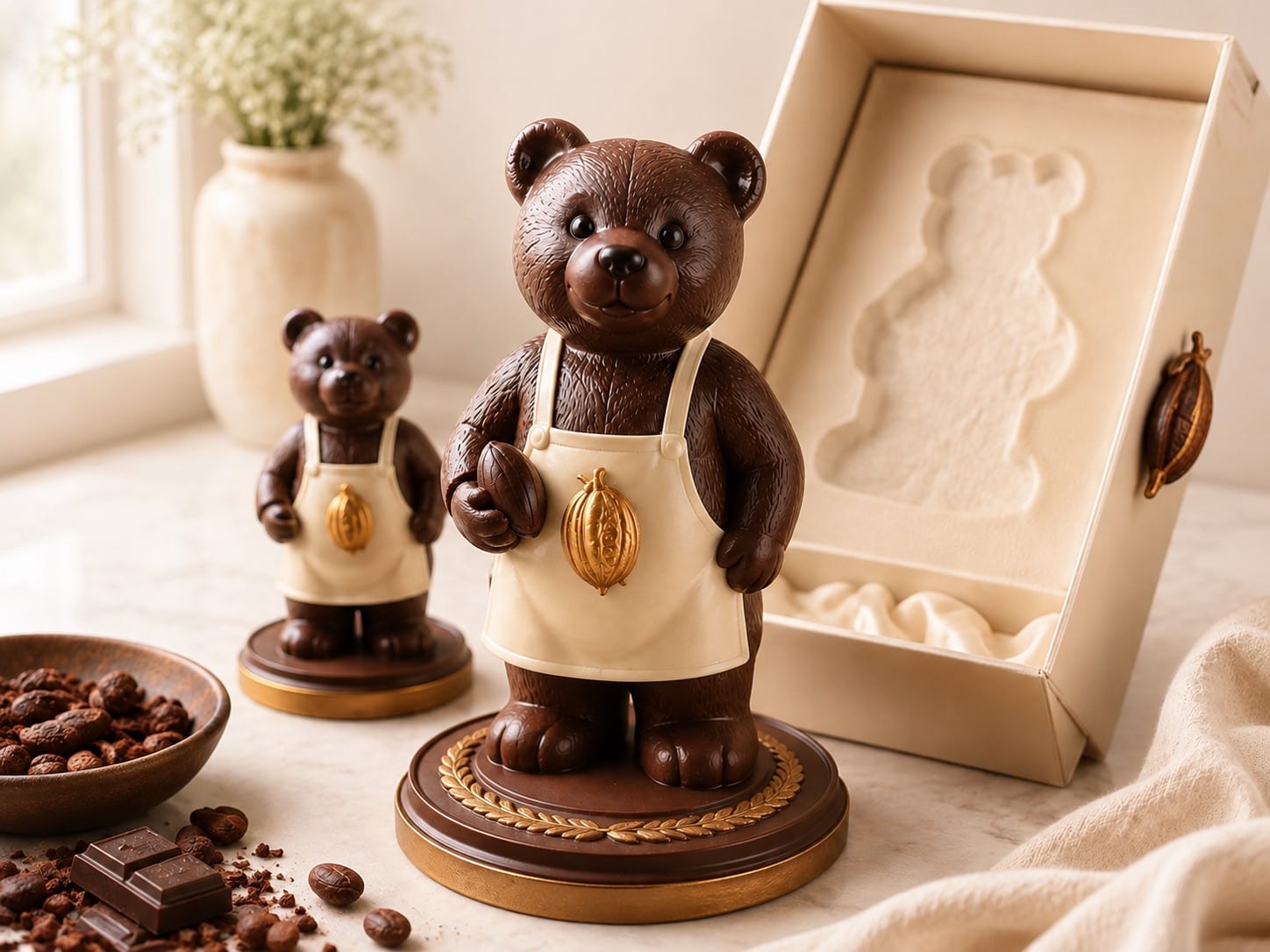 Two chocolate bear figurines in cream aprons with a gold cocoa pod emblem, beside their moulded presentation box