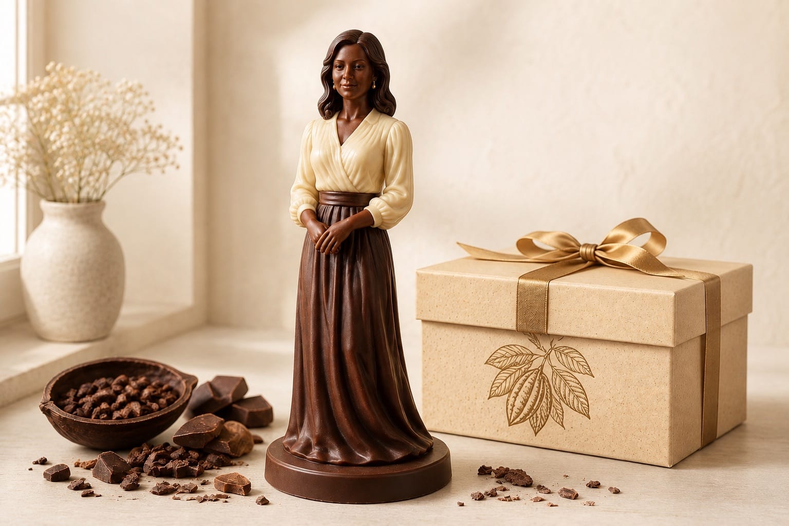 A chocolate figurine of a woman in a white blouse and long brown skirt, standing beside a cream gift box tied with a gold ribbon