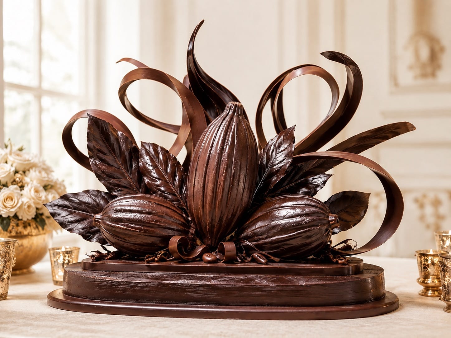 A tall chocolate sculpture of cocoa pods, leaves and curled ribbons on a polished base, on a candlelit banquet table