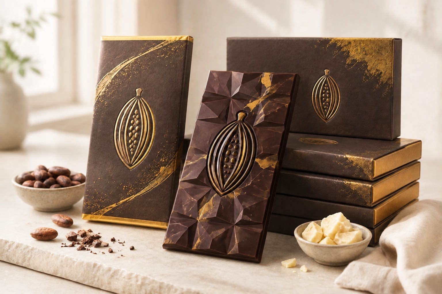 A faceted dark chocolate bar with a gold cocoa pod emblem in relief, leaning against matching gold-foiled gift boxes