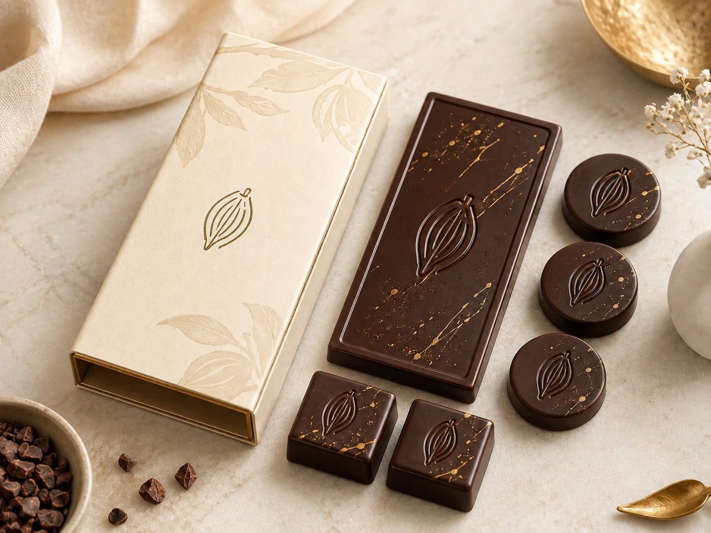 A cream box printed with a gold cocoa pod, beside a dark chocolate bar and pralines flecked with gold