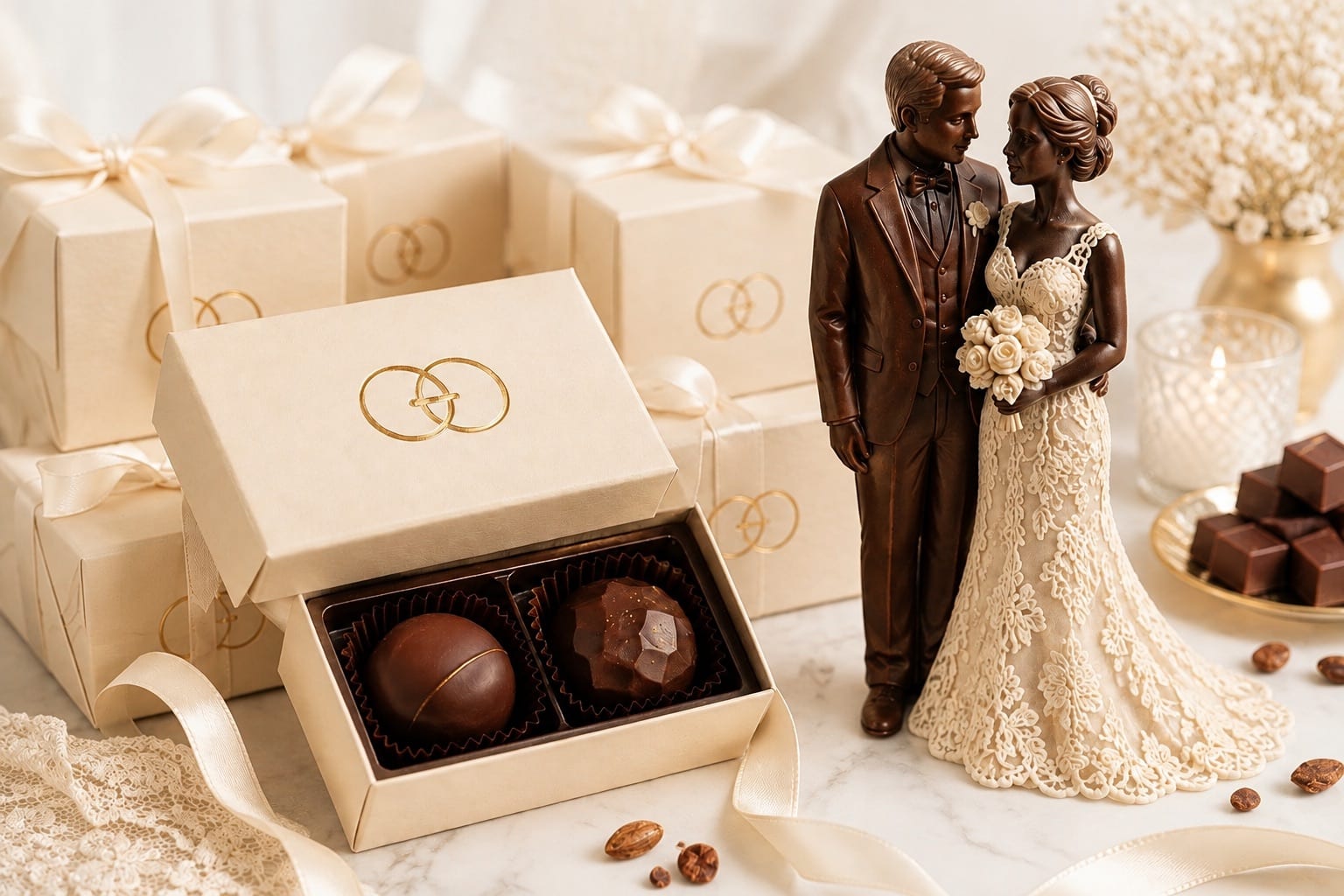 A stack of cream gift boxes tied with ribbon and embossed in gold, one open to show two chocolates