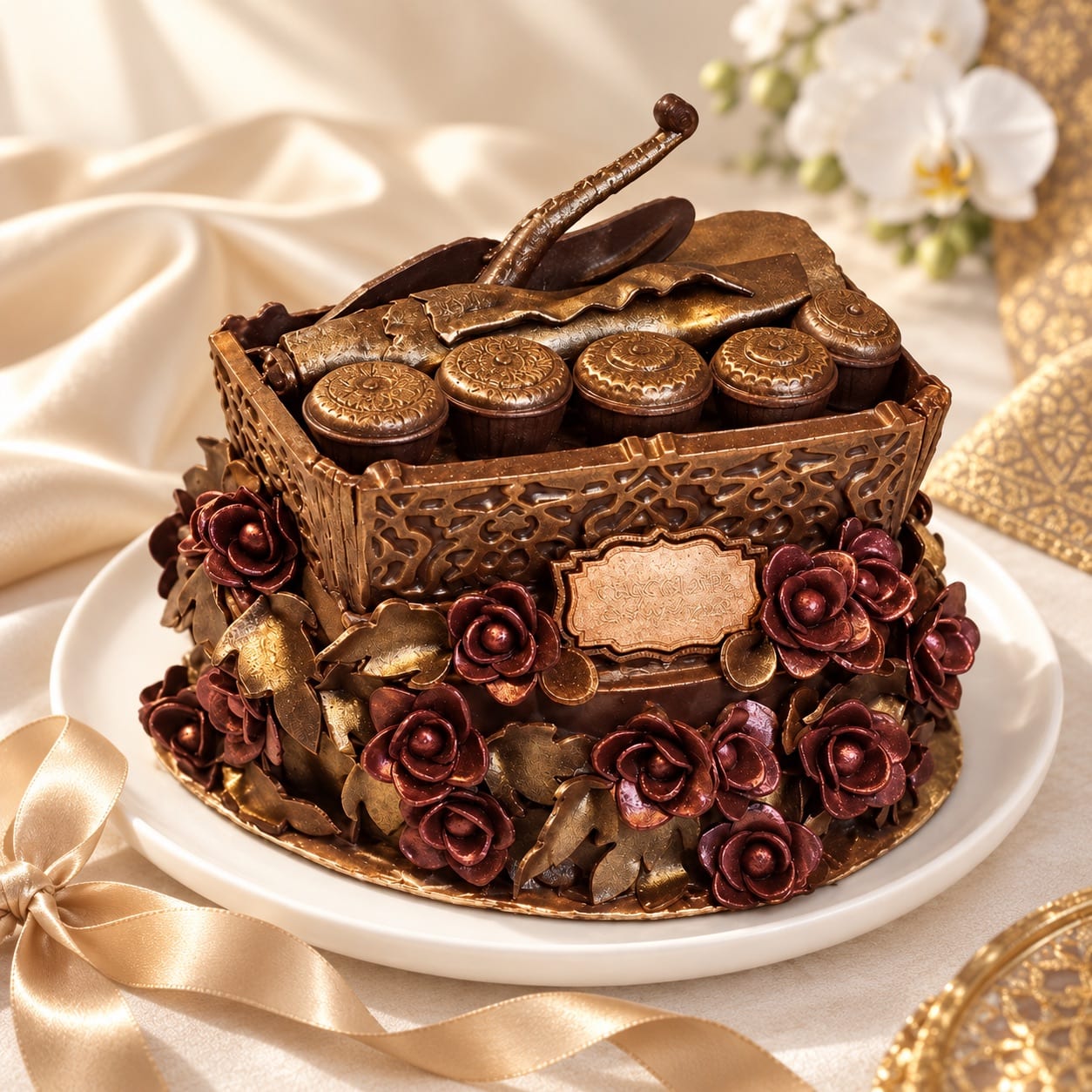 A chocolate tepak sireh hantaran on ivory silk beside white orchids, its gold cartouche waiting to be engraved with the couple’s names