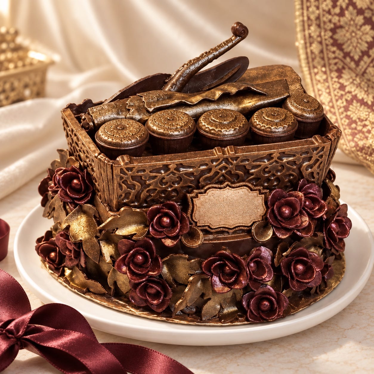 A chocolate tepak sireh for hantaran bertunang, dressed with a maroon ribbon, showing the awan larat cut-out pattern in the gold chocolate walls