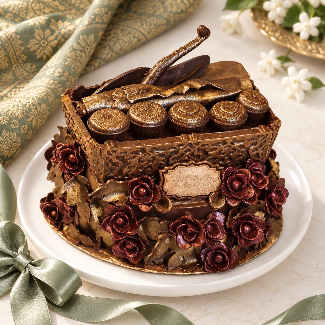 Coklat tepak sireh untuk hantaran kahwin, berdinding ukiran emas dengan cembul bertutup, daun sirih dan kacip di atasnya